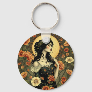 Llavero Ilustracion de una mujer floral de Art Nouveau