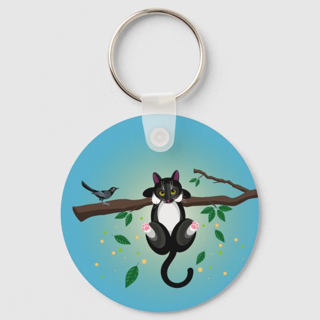 Llavero Ilustracion del gato blanco y negro - anillo de te (Anverso)