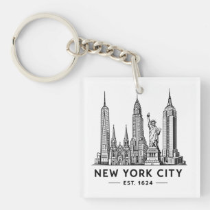 Llavero Ilustración del horizonte de NYC con la Estatua de