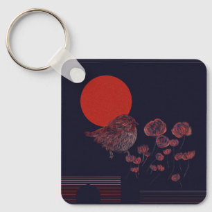 Llavero Ilustración del sol rojo del pájaro Robin
