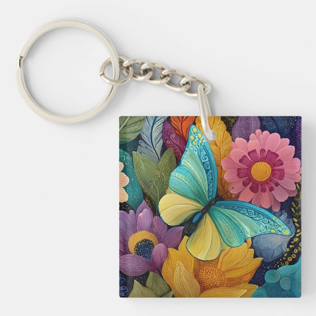 Llavero Ilustración detallada de flores y mariposas (Frente)