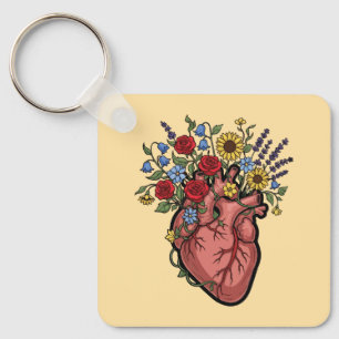 Llavero Ilustración floral del corazón anatómico