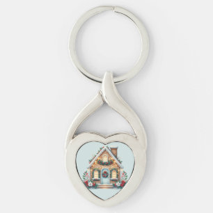 Llavero Ilustración navideña de casa de jengibre acogedora