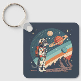 Llavero Ilustración Retro de Gato Astronauta Espacio Cósmi