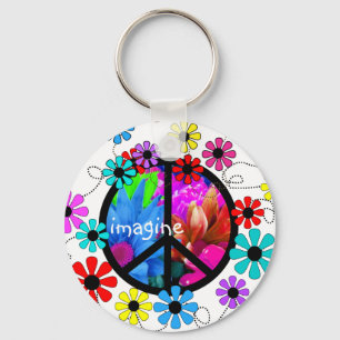 Llavero Imaginen símbolo de paz y flores retro