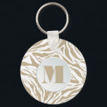 Llavero Impresión de animales de cebra monogramada<br><div class="desc">Una elegante cadena de teclas muestra tu monograma inicial sobre un patrón de impresión de animales salvajes en color tostado y blanco. Crea por ti mismo o dámela como regalo. COINCIDIENDO con los artículos de nuestra tienda.</div>