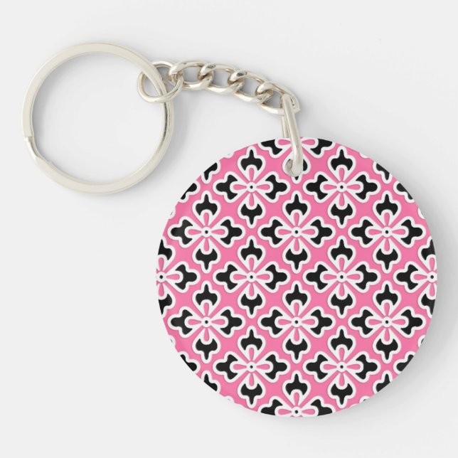 Llavero Impresión de kimono floral, rosa, negro y blanco (Frente)