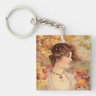 Llavero Impresión de Mujer de Otoño Art Nouveau con Follaj