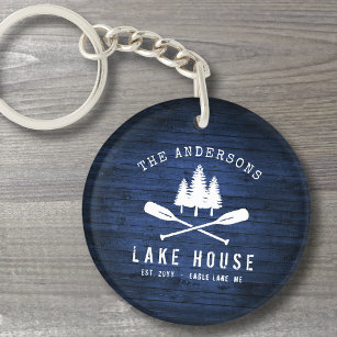 Llavero Impresión Rustic Lake House Boat Oars Trees Blue W