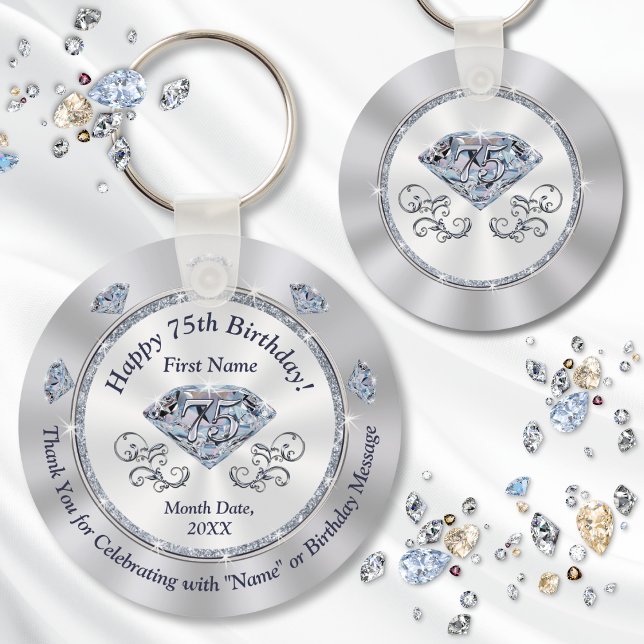 Llavero Impresionante Diamante, 75 cumpleaños a favor, (75th birthday party favors. Personalized party favors for 75th birthday. 75th Birthday Platinum.)