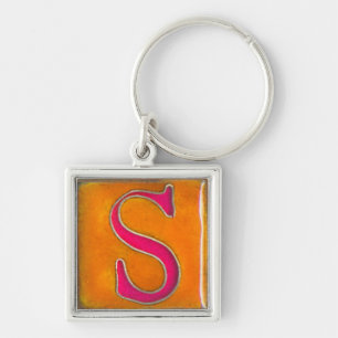 llavero inicial, cloisonne, naranja y rosa de S