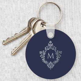 Llavero Inicial de monograma azul marino en cresta ornamen