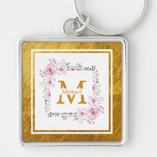 Llavero Inicial de monograma "M" floral - Rosas rosadas y 