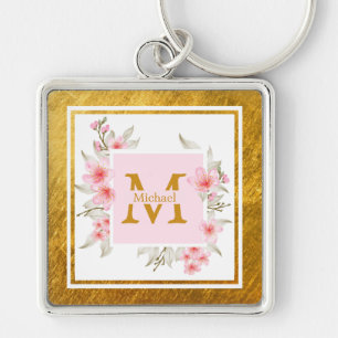 Llavero Inicial de monograma "M" floral - Rosas rosadas y 