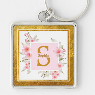 Llavero Inicial de monograma "S" floral - Rosas rosadas y