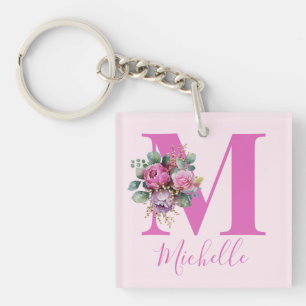 Llavero Inicial de nombre en acuarela floral rosa Monogram