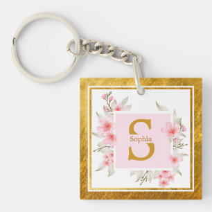 Llavero Inicial floral rosa Monograma de flor elegante