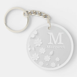Llavero Iniciales de nombre grabado en relieve floral blan
