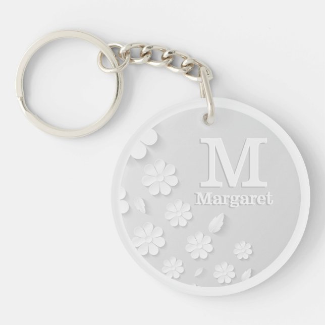 Llavero Iniciales de nombre grabado en relieve floral blan (Frente)