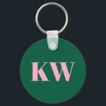 Llavero Iniciales Personalizadas Modernas Rosa Verde Monog<br><div class="desc">Esta llave personalizada presenta iniciales serif en rosa suave sobre un fondo verde.</div>