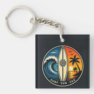 Llavero Insígnia Vintage Surf Sol Mar – Olas de puesta de