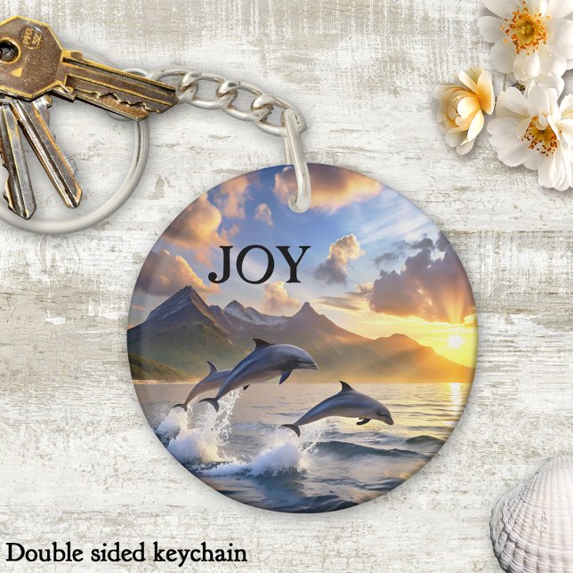 Llavero Inspirational Dolphins Sunset Mountains Joy (Keychain featuring playful dolphins jumping from the ocean at sunset)