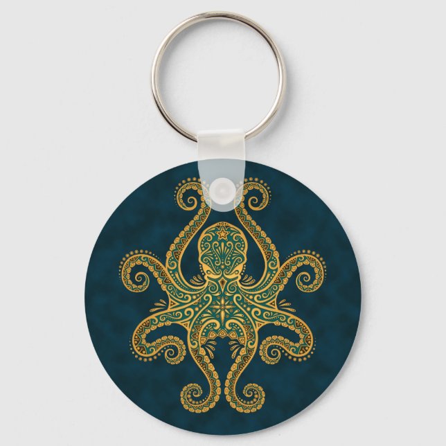 Llavero Intrincado pulpo azul dorado (Anverso)