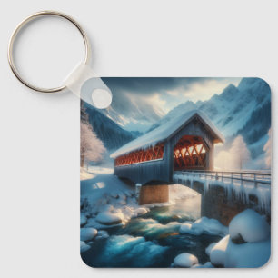 Llavero Invierno, puente cubierto de nieve y río