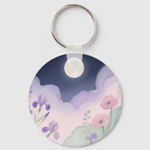 Llavero Iris Floral Nocturna Acuarela Luna Llena
