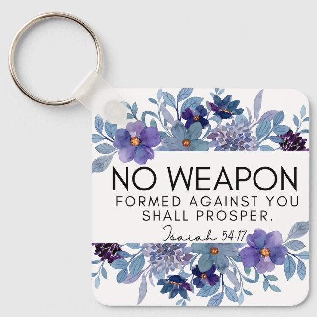 Llavero Isaías 54:17 Sin arma floral púrpura cristiana (Anverso)
