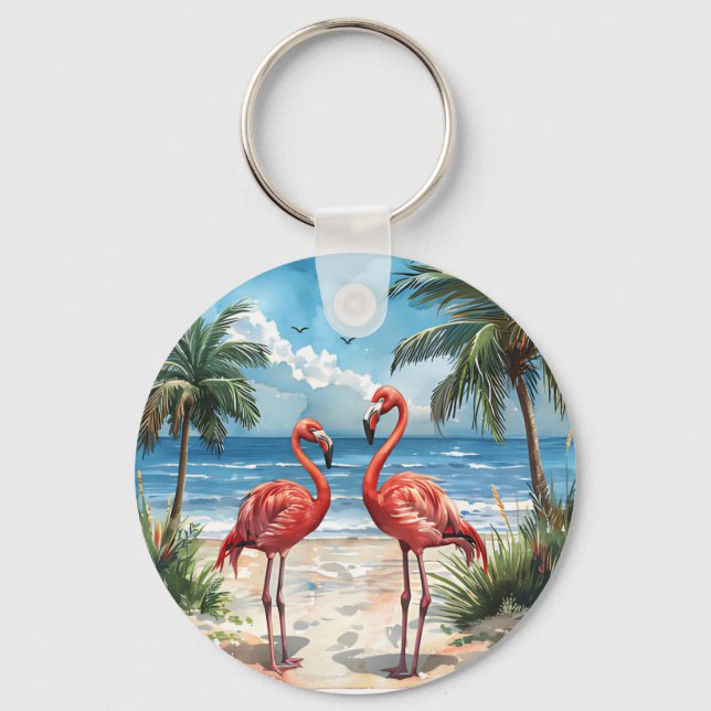 Llavero Isla Tropical Flamingo Palm Trees Beach Keychain (Anverso)
