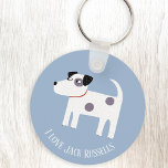 Llavero Jack Russell Terrier Dog Personalizado Textos<br><div class="desc">Un adorable Jack Russell o un perro de Parson Terrier con un fondo azul. Perfecto para tu mamá de perro o papá de perro favorito. Cambie o quite el texto al personalizar.</div>