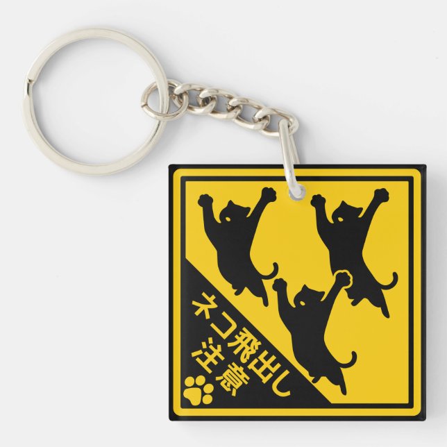 Llavero Japanese Cat Warning Sign – “Cats May Jump Out" (Frente)