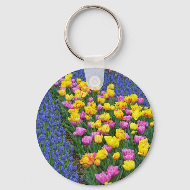 Llavero Jardín de flores de tulipanes y azules (Anverso)