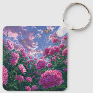 Llavero Jardín de peonías rosadas soñadoras y mariposas