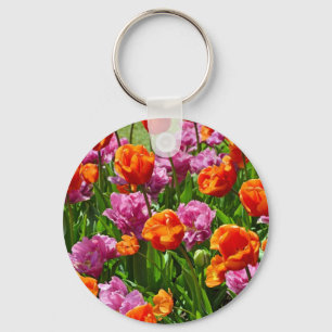 Llavero jardín de tulipanes de primavera naranja y rosa