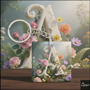 Llavero Jardín floral blanco con monograma de letra A