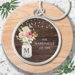 Llavero Jarra de Mason Floral con Apellido de Familia Mono