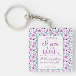 Llavero Jeremías 32:27 con fondo de flores moradas
