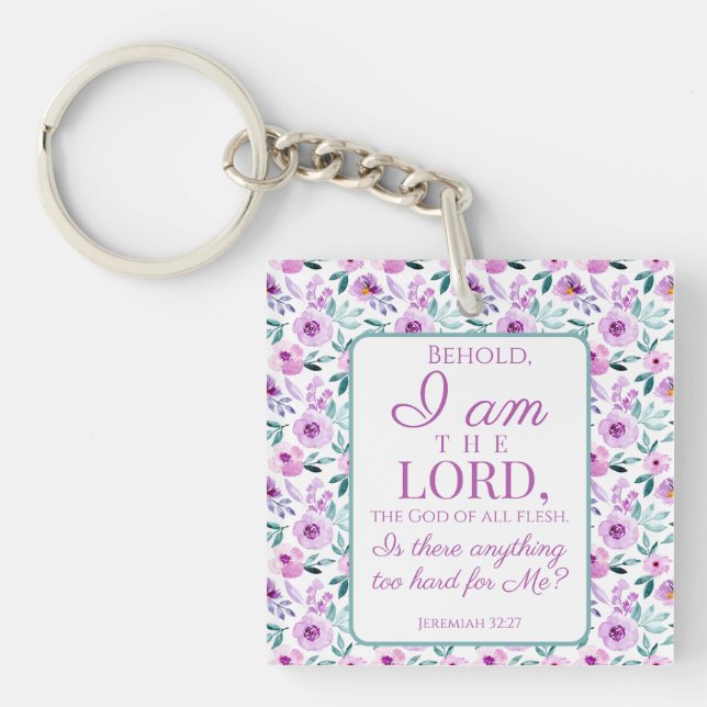 Llavero Jeremías 32:27 con fondo de flores moradas (Frente)