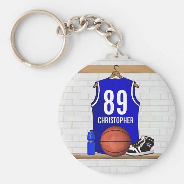 Llavero Jersey de baloncesto blanco y azul personalizado (Frente)
