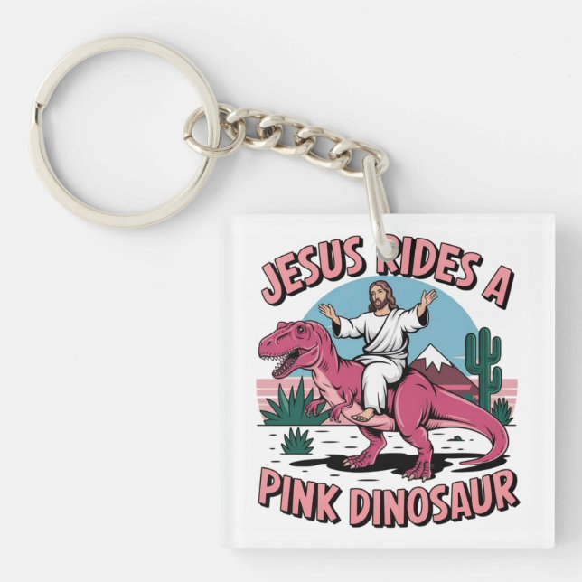 Llavero Jesús Memes Graciosos, Jesús Monta Dinosaurios Ros (Frente)