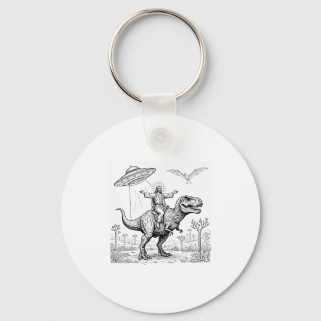 Llavero Jesus Riding Dinosaur T-rex Ufo Hunting Alien Sci- (Anverso)