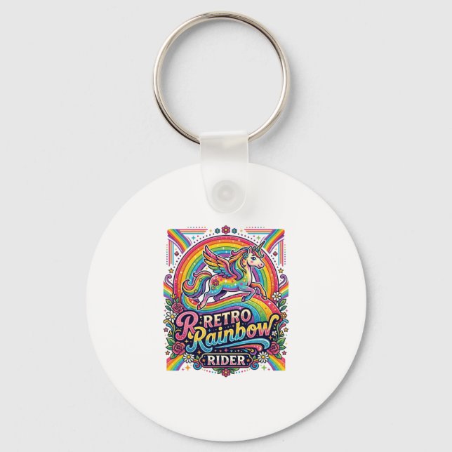Llavero Jinete de Arcoíris Retro Unicornio (Anverso)