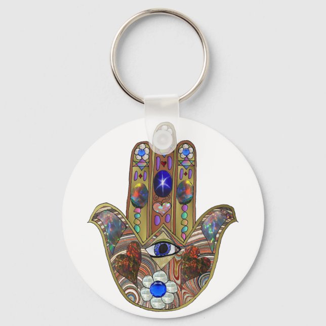 Llavero Judaica Hamsa Hearts Flowers Opal Art Print (Anverso)