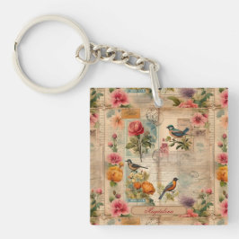 Llavero Junk Journal Seite mit Blumen + Vögel - 