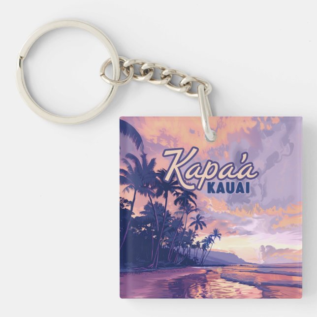 Llavero Kapaa Kauai Hawaii Beach Sunset Palm Tree Retro (Frente)