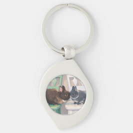 Llavero Kawaii Anime Two Bunnies Silver Metal Keychain