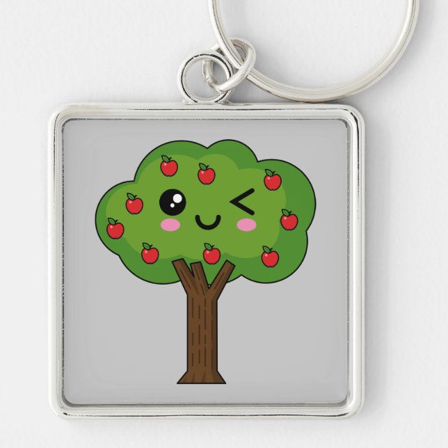 Llavero Kawaii feliz árbol de manzanas (Frente)