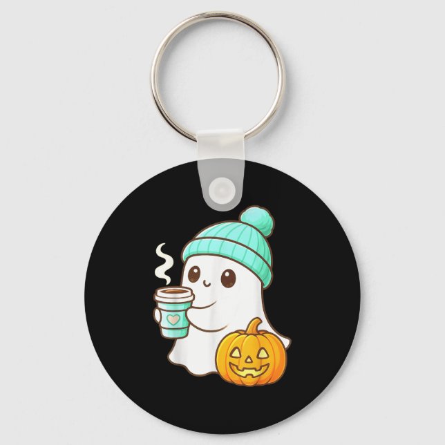 Llavero Kawaii Ghost With Pumpkin Coffee Cozy Halloween Au (Anverso)
